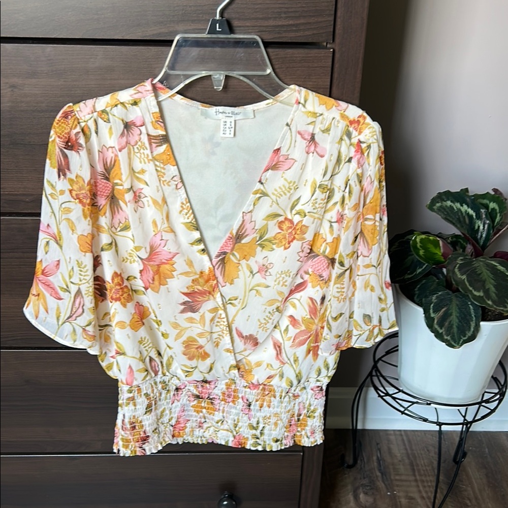 Floral Wrap Smocked Waist Blouse - White with Pink & Gold